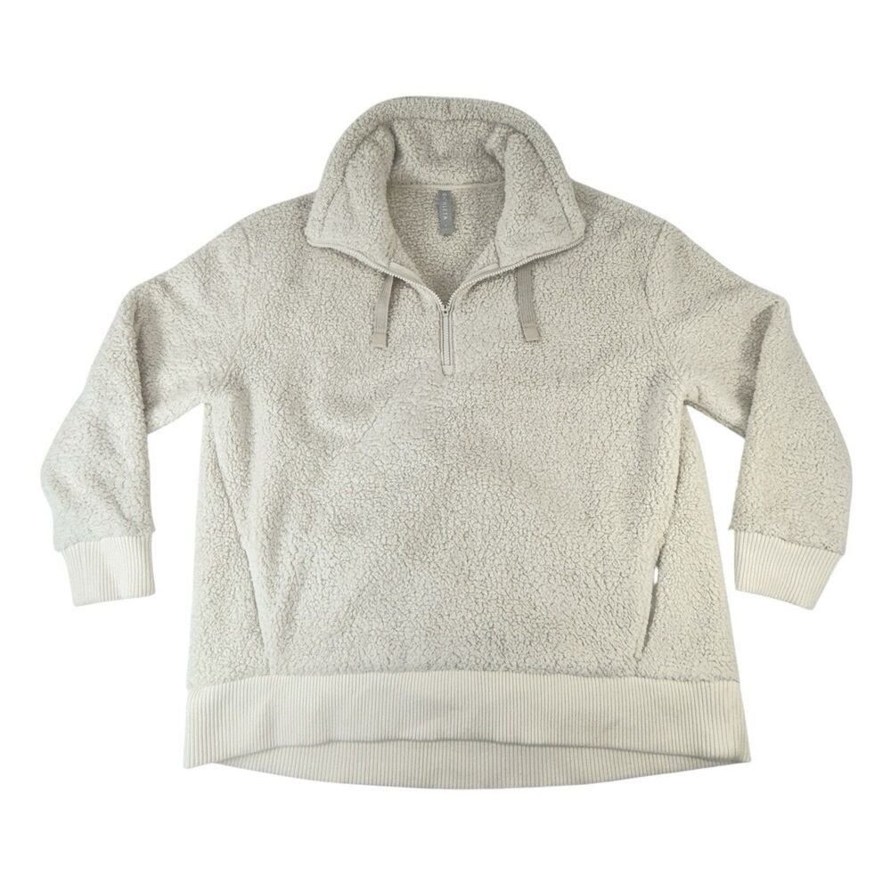 Athleta Talus Sherpa Half Zip Womens L Ivory Fuzzy Pullover Mock Neck Drawstring
